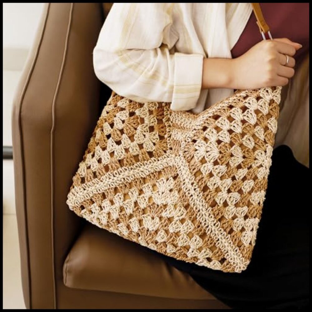 Natural Straw Tote Bag Handwoven Bohemian Casual Shoulder Bag Travel Essential - Picture 5 of 7